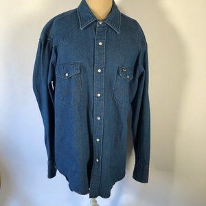 Wrangler Men Denim Shirt Size XL Blue Western Yoke Pearl Snap Button